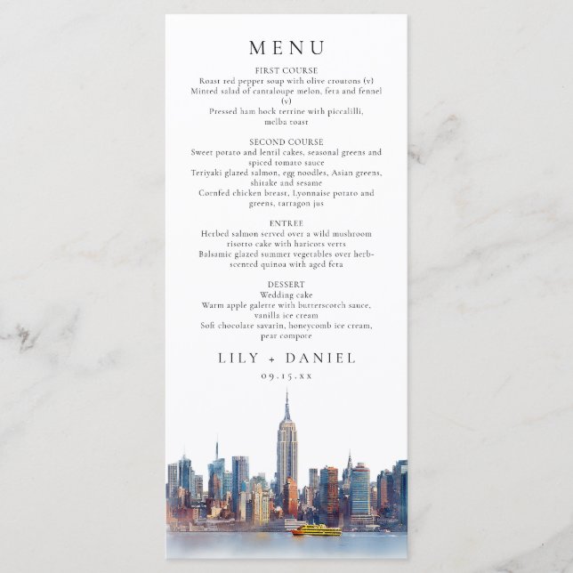 Watercolor New York City Destination Wedding Menu (Front)