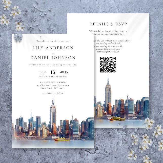 Watercolor New York Skyline QR Code Wedding Invitation (Watercolor New York Skyline QR Code Wedding Invitation)