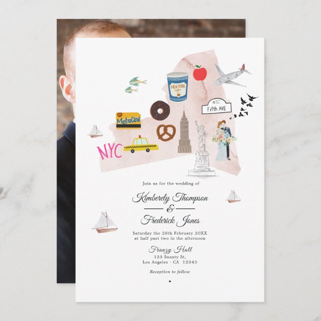 Watercolor New York USA Destination Wedding Photo Invitation (Front/Back)