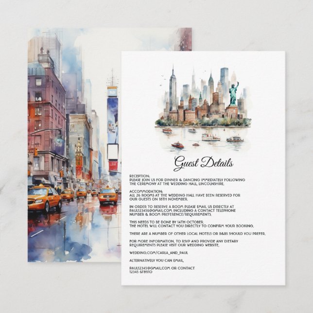 Watercolor New York Wedding Guest Details Enclosure Card (Front/Back)