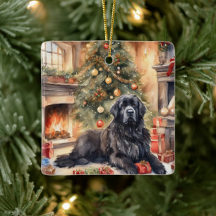 Watercolor Newfoundland - Xmas Scene 3 Ceramic Ornament