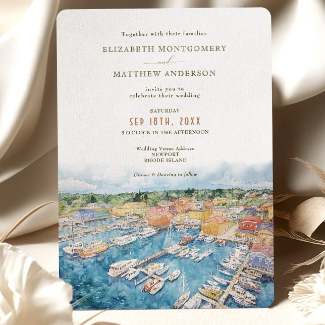 Watercolor Newport Harbour Coastal Wedding Invitation (Creator Uploaded)