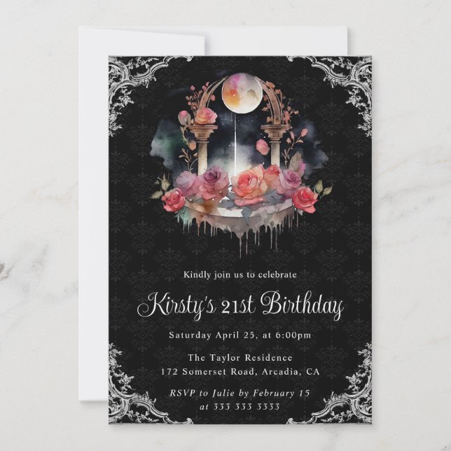 Watercolor Night Floral Fountain 21st Birthday Invitation (Front)