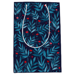 Watercolor night garden - turquoise, blue and red medium gift bag
