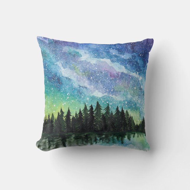 Watercolor night landscape, Milky Way Cushion (Front)