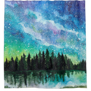 Watercolor night landscape Milky Way Shower Curtain