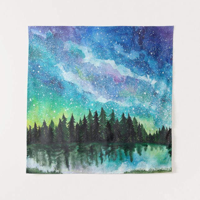 Watercolor night landscape Milky Way Tapestry (Front)