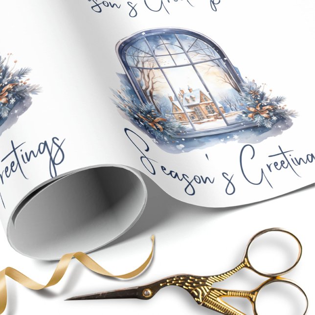 Watercolor Nordic Blue Snowy Christmas Traditional Wrapping Paper (Creator Uploaded)