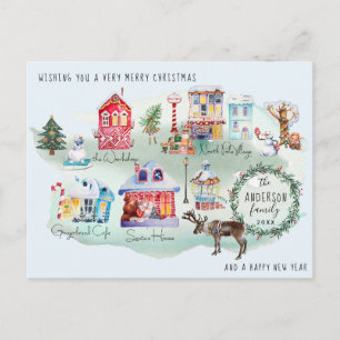 Watercolor North Pole Village Map   Illustrated Postcard