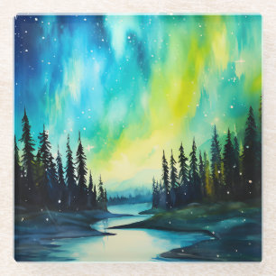Watercolor Northern Lights aurora borealis Glass Coaster