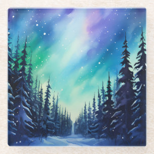 Watercolor Northern Lights aurora borealis Glass Coaster