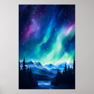 Watercolor Northern Lights aurora borealis  Poster