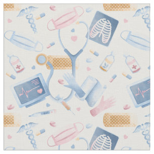 Watercolor Nurse   Dr Medical Collage Blue Pink Fabric