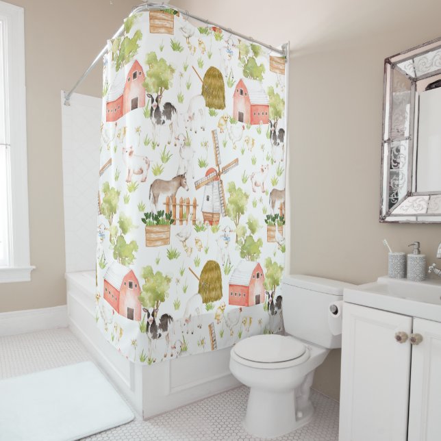 Watercolor Nursery Farm Land Animals Shower Curtain (In Situ)