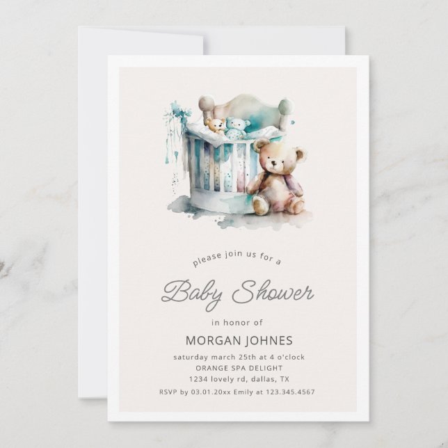 watercolor nursery teddy bear baby shower invitation (Front)