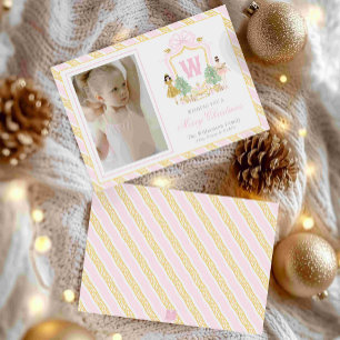 Watercolor Nutcracker Ballerinas Monogram Crest Holiday Card