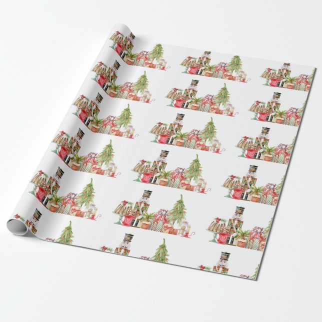 Watercolor nUtcracker Christmas Scene  Wrapping Paper (Unrolled)
