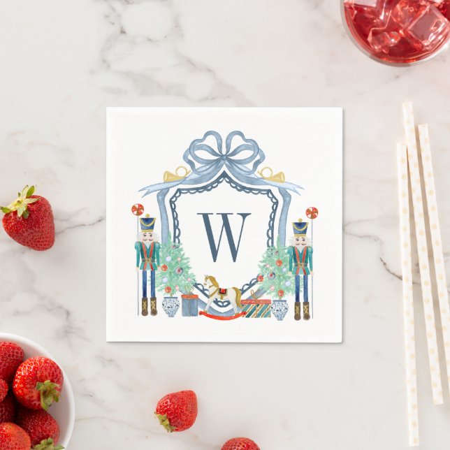 Watercolor Nutcracker Monogram Crest Christmas Napkin (Insitu)