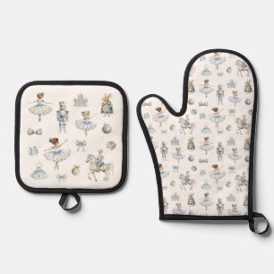 Watercolor Nutcracker Pattern Oven Mitt & Pot Holder Set