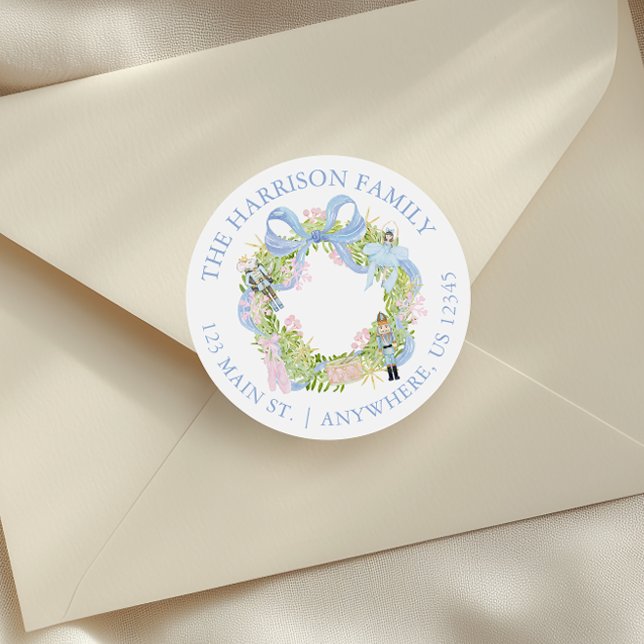 Watercolor Nutcracker Wreath Address Classic Round Sticker (Creator Uploaded)