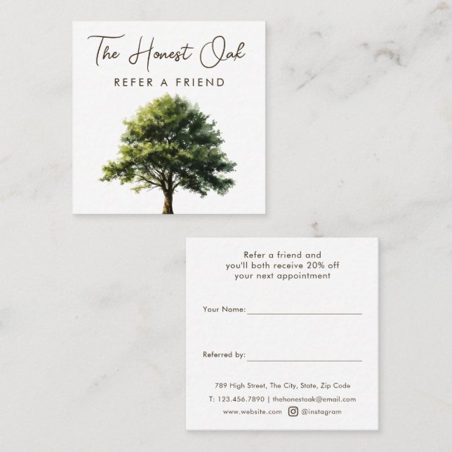 Watercolor Oak Tree Modern Elegant Script Referral Card (Front/Back)