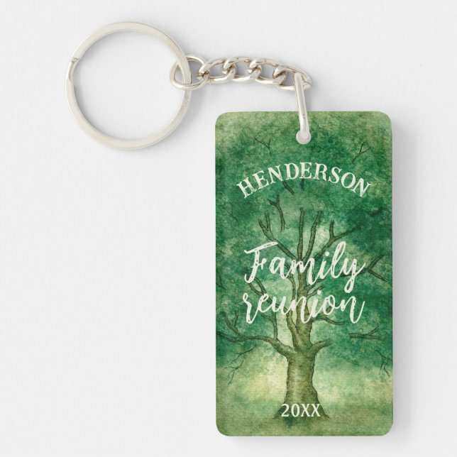 Watercolor Oak Tree Retro Rustic Family Reunion Key Ring (Front)