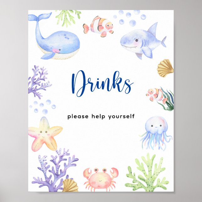 Watercolor ocean animals baby shower - Drinks Poster (Front)