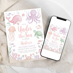 Watercolor Ocean Animals Girl Birthday Invitation
