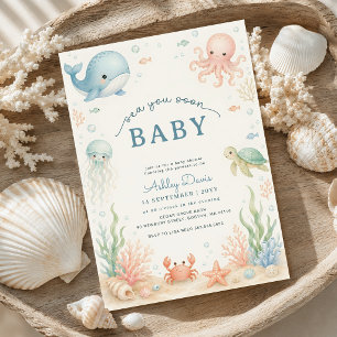 Watercolor Ocean Animals Sea You Soon Baby Shower Invitation