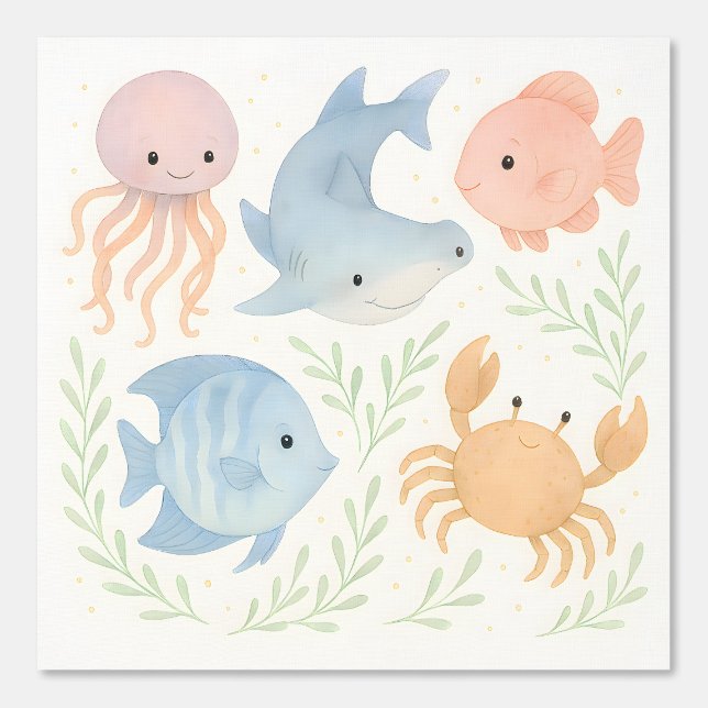 Watercolor Ocean Baby Animals Cute Pastels Nursery Wallpaper (Front)