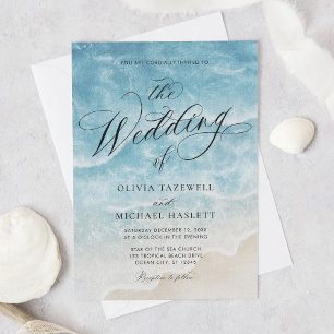 Watercolor Ocean Beach Elegant Script Wedding Invitation