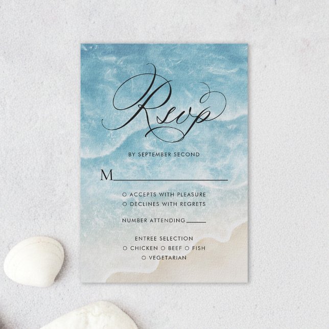 Watercolor Ocean Beach Elegant Script Wedding RSVP Card (Creator Uploaded)