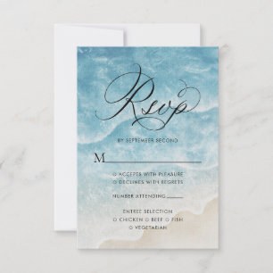 Watercolor Ocean Beach Elegant Script Wedding RSVP Card