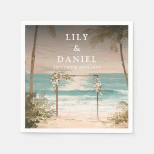 Watercolor Ocean Beach String Lights Wedding Napkin