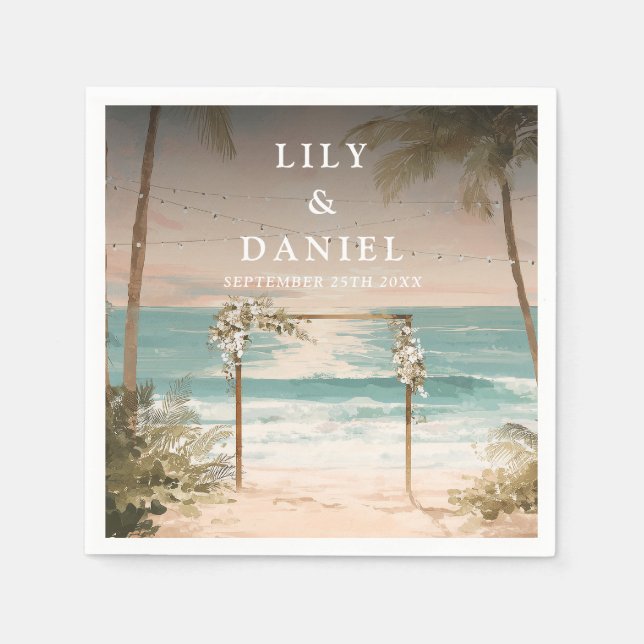 Watercolor Ocean Beach String Lights Wedding Napkin (Front)