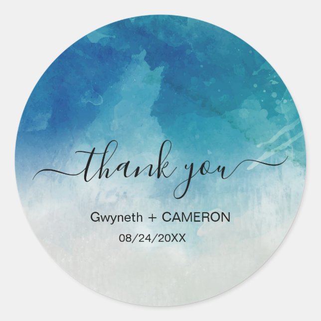 Watercolor Ocean Beach Summer Wedding  Classic Round Sticker (Front)