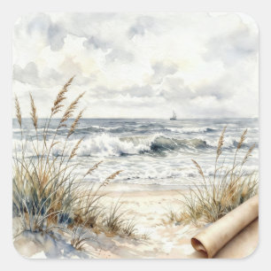 Watercolor Ocean Beach with Curled Paper Square Sticker