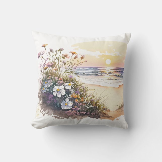 Watercolor Ocean Beach with Flowers Cushion (Front)