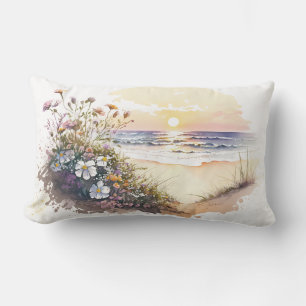 Watercolor Ocean Beach with Flowers Lumbar Cushion