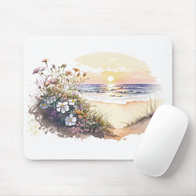 Watercolor Ocean Beach with Flowers Mouse Pad (With Mouse)