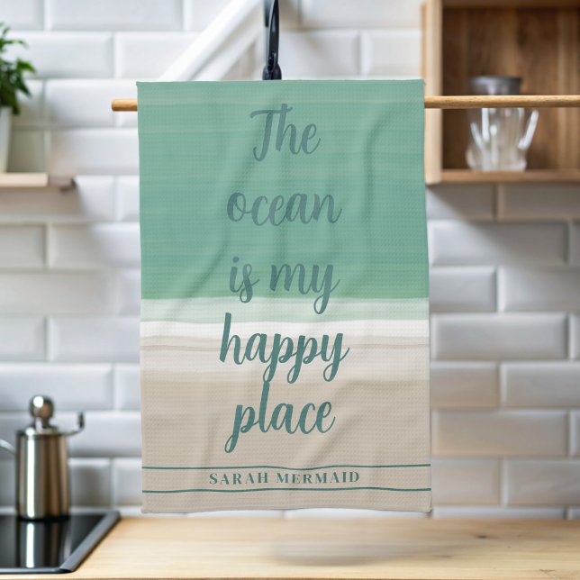 Watercolor Ocean Beach Yoga Studio Kitchen Towel (If the ocean is your happy place, add your name to this coastal kitchen towel)