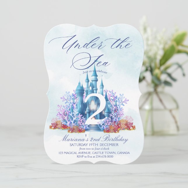 Watercolor Ocean Castle Under the Sea Birthday Invitation (Standing Front)