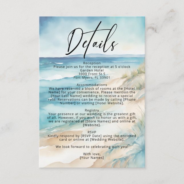 Watercolor Ocean Coastal Beach Wedding Details Enclosure Card (Front)