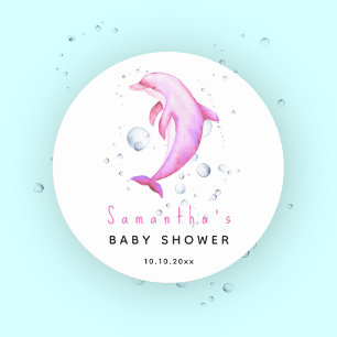 Watercolor ocean dolphin baby shower classic round sticker