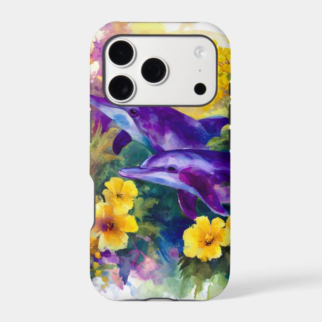 Watercolor Ocean Dolphins Tropical Flowers (Back)