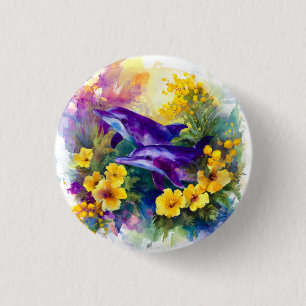 Watercolor Ocean Dolphins Tropical Flowers 3 Cm Round Badge
