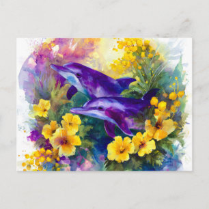 Watercolor Ocean Dolphins Tropical Flowers Announcement Postcard