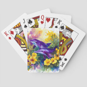 Watercolor Ocean Dolphins Tropical Flowers Playing Cards