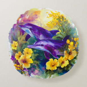 Watercolor Ocean Dolphins Tropical Flowers Round Cushion