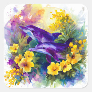 Watercolor Ocean Dolphins Tropical Flowers Square Sticker